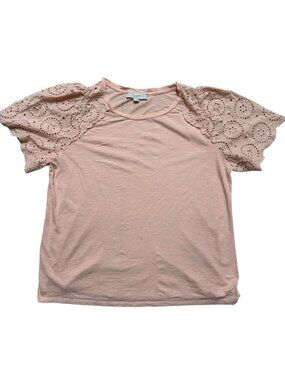 LOFT Peach Eyelet Lace Sleeve Top XL Cotton Short Sleeve Blouse